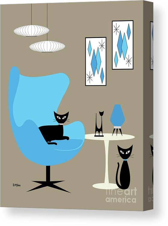 Mid Century Modern Canvas Print featuring the digital art Blue Egg Chair with Cats by Donna Mibus