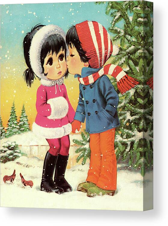 Accessories Canvas Print featuring the drawing Boy and Girl Sharing a Kiss by CSA Images