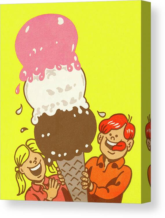 Boy Canvas Print featuring the drawing Boy and Girl With Giant Ice Cream Cone by CSA Images