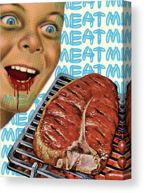 Barbecue Canvas Print featuring the drawing Boy Drooling Blood Over a Grilled Steak by CSA Images