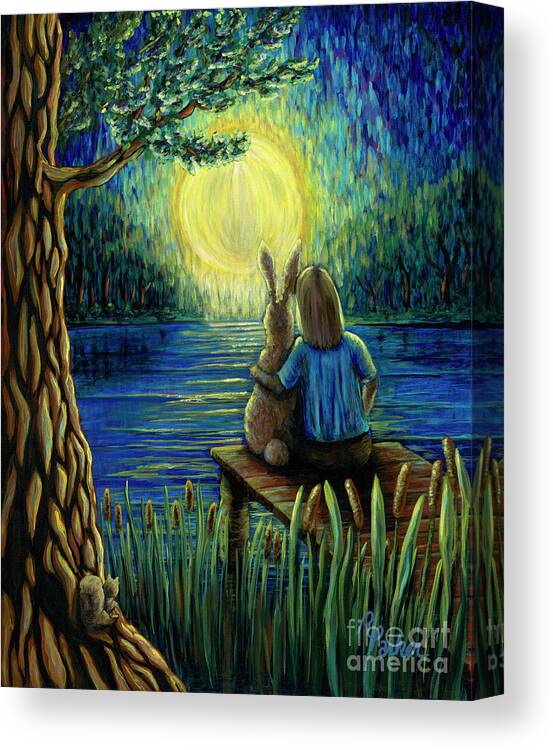 Top Canvas Print featuring the painting Bunny Love Series, Watching the Moon by Rebecca Parker