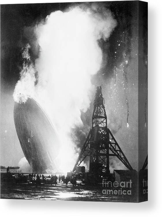People Canvas Print featuring the photograph Burning Hindenburg Airship Hitting by Bettmann