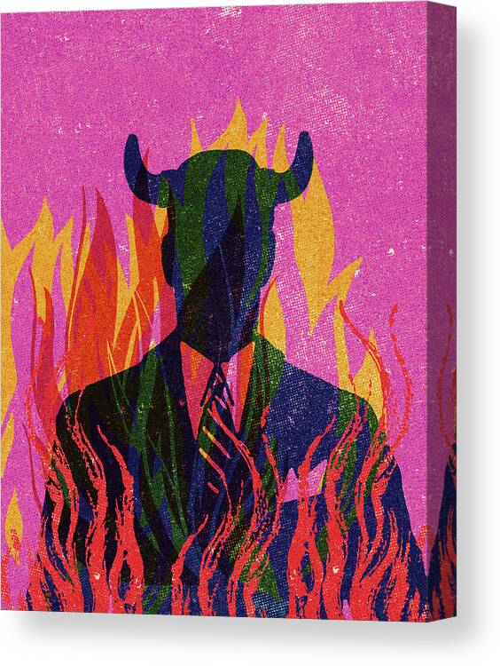 Adult Canvas Print featuring the drawing Businessman with Horns in Flames by CSA Images