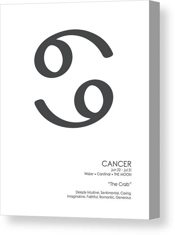 Cancer Canvas Print featuring the mixed media Cancer Poster - Zodiac Signs Print - Zodiac Posters - Cancer Print - Black and White - Cancer Traits by Studio Grafiikka