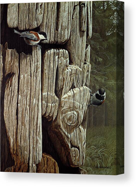 Two Chickadees Rest On A Totem. Canvas Print featuring the painting Chickadees On Totem by Ron Parker