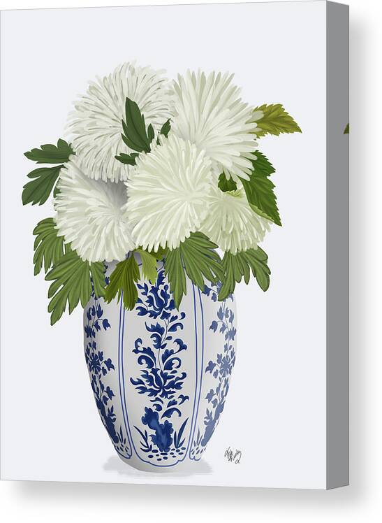 Flower Canvas Print featuring the painting Chinoiserie Chrysanthemum White, Blue Vase by Fab Funky
