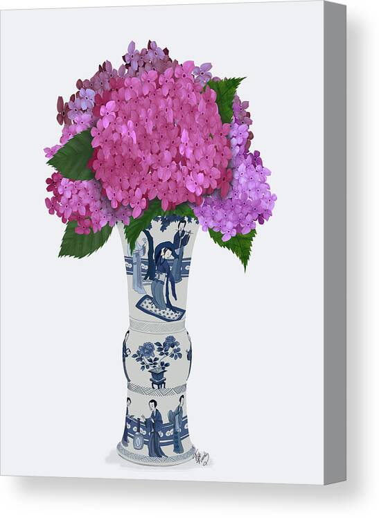 Flower Canvas Print featuring the painting Chinoiserie Hydrangea Pink, Blue Vase by Fab Funky