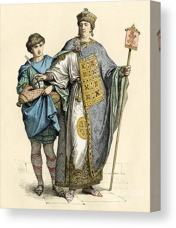 Civilization Canvas Print featuring the drawing Civilization Of Antiquity Byzantine Emperor And His Servant (justinian I The Great) Colour Engraving Of The 19th Century by American School