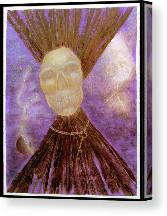 Obsidian Skull Canvas Print featuring the painting Compelling Communications with a Large Golden Obsidian Skull by Feather Redfox