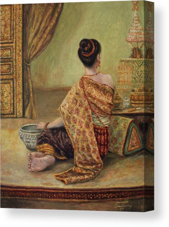 Royal Lady Canvas Print featuring the painting Contemplating in the Palace Chamber by Sompaseuth Chounlamany