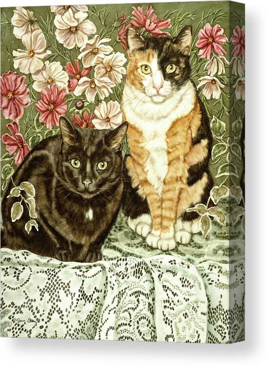 Two Cats Sitting On A Lace Tablecloth Covered Table With Flowers Behind Them Canvas Print featuring the painting Cosmos & Lace by Jan Benz