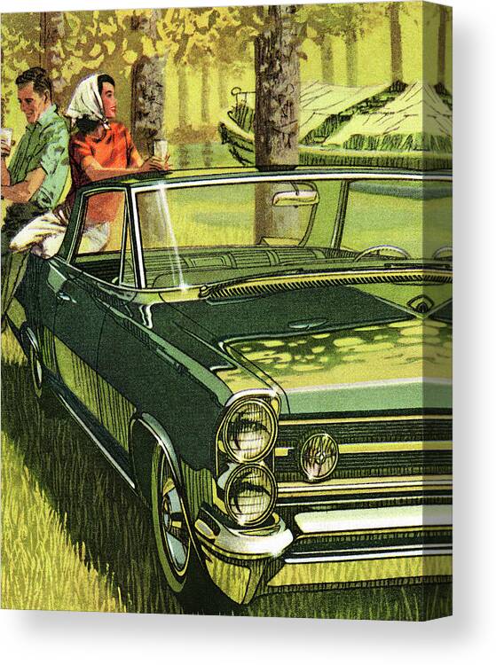 Adult Canvas Print featuring the drawing Couple Sitting on Vintage Green Car by CSA Images