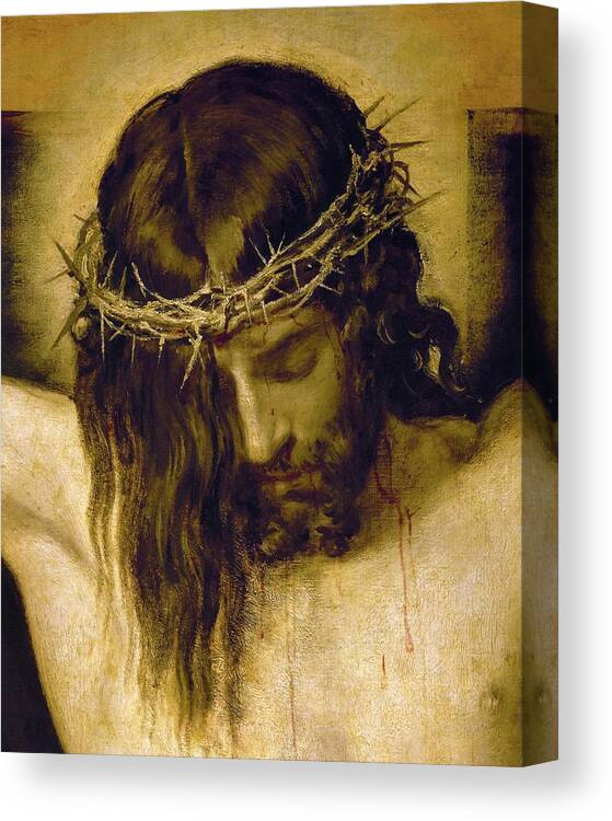 Cristo Crucificado Canvas Print featuring the painting Crucified Christ -detail of the head-. Cristo crucificado. Madrid, Prado museum. DIEGO VELAZQUEZ . by Diego Velazquez -1599-1660-