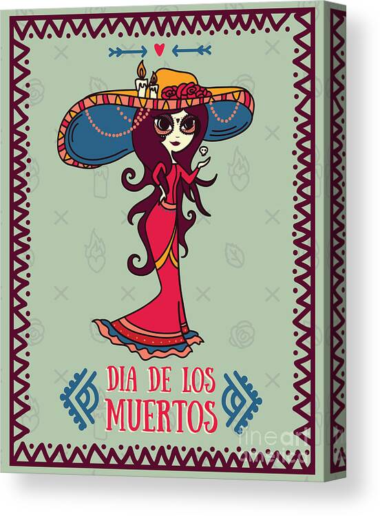 De Canvas Print featuring the digital art Cute Card For Dia De Los Muertos by Happy fox art