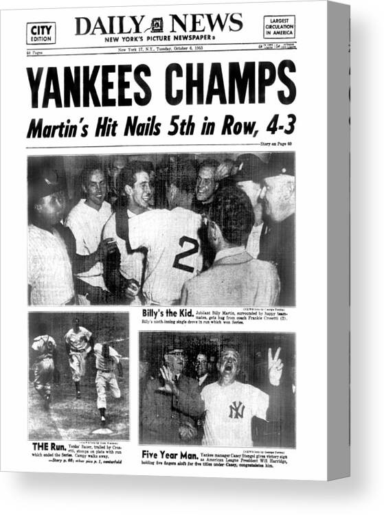 American League Baseball Canvas Print featuring the photograph Daily News Back Page Dated Oct. 6, 1953 by New York Daily News Archive