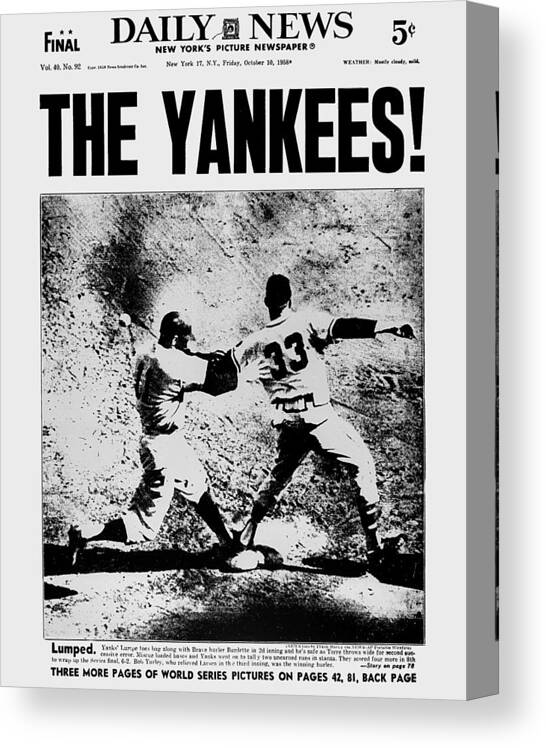 American League Baseball Canvas Print featuring the photograph Daily News Front Page Dated Oct. 10 by New York Daily News Archive