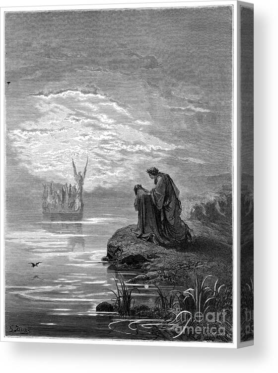 Engraving Canvas Print featuring the digital art Dante Bows Before The Angel Pilot 1870 by Thepalmer