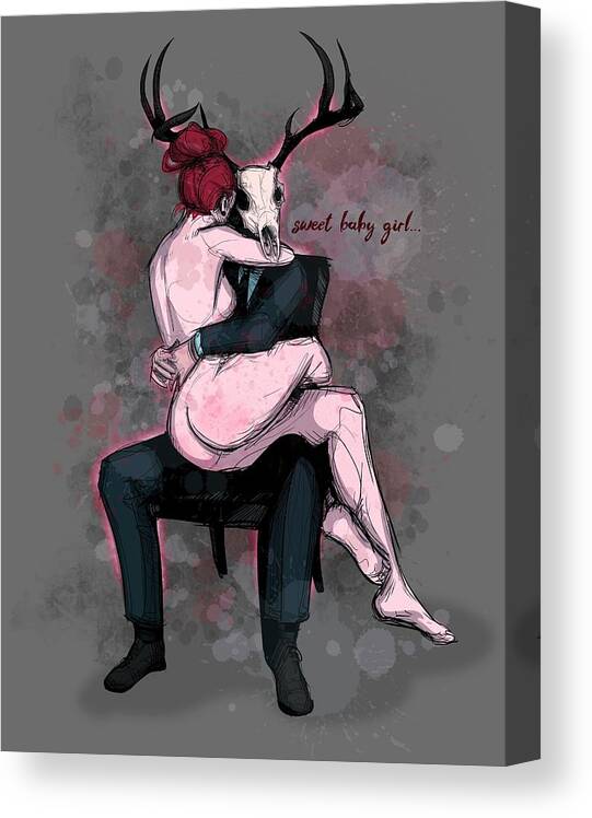Daddy Canvas Print featuring the drawing Deer Daddy Series 3 Sweet Baby Girl by Ludwig Van Bacon