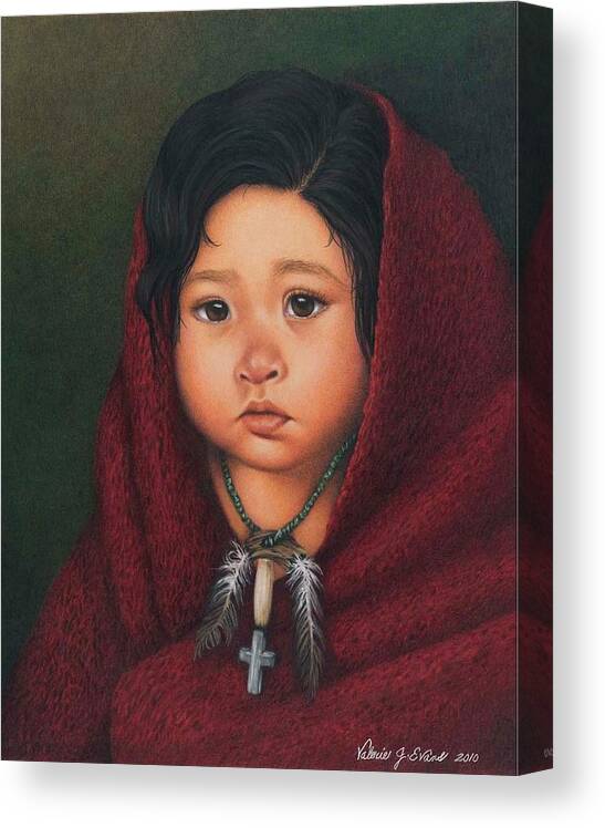 Native American Portrait. American Indian Portrait. Native Child Wrapped In Red Blanket. Western Native American Youth. Wild West. Sad Eyes. Children. Canvas Print featuring the painting Delaware Girl in Red Robe by Valerie Evans