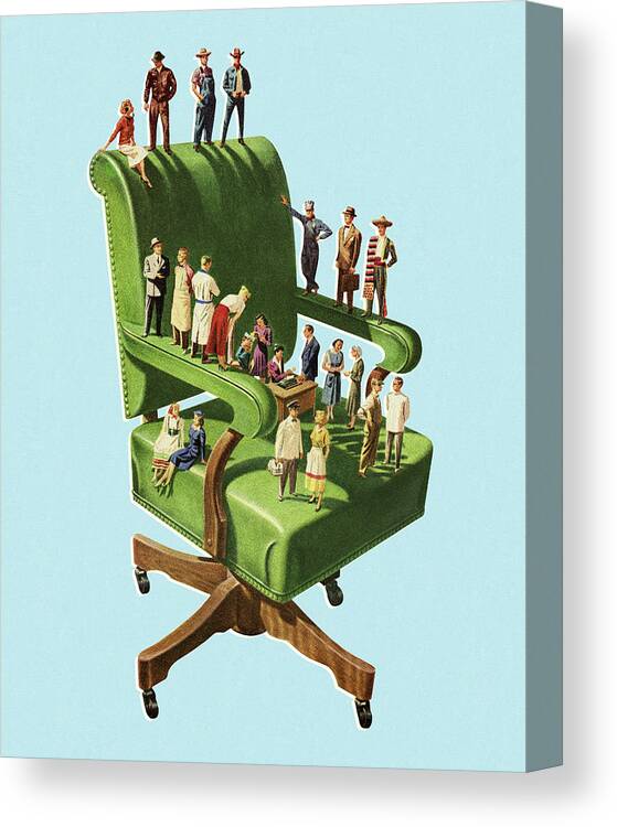 Armchair Canvas Print featuring the drawing Diverse Group of People Standing on a Huge Chair by CSA Images