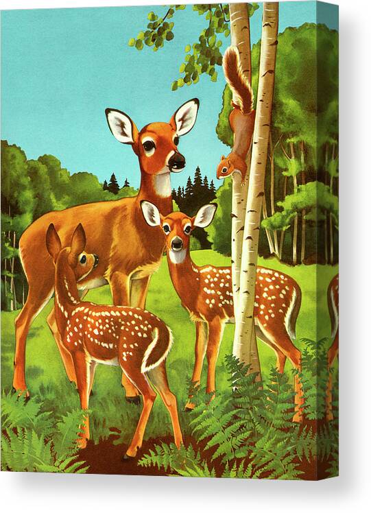 Animal Canvas Print featuring the drawing Doe and Two Fawn by CSA Images