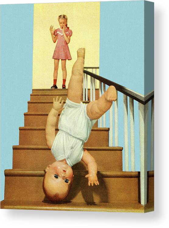Accident Canvas Print featuring the drawing Doll Baby Falling Down The Stairs by CSA Images
