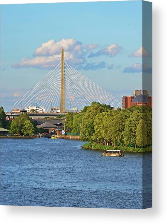 Boston Canvas Print featuring the photograph Duck Boats on the Charles River Zakim Bridge Boston MA by Toby McGuire