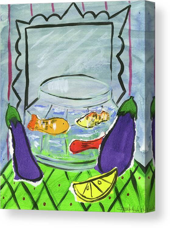 Eggplants And Fish Canvas Print featuring the painting Eggplants And Fish by Jennifer Frances Azadmanesh