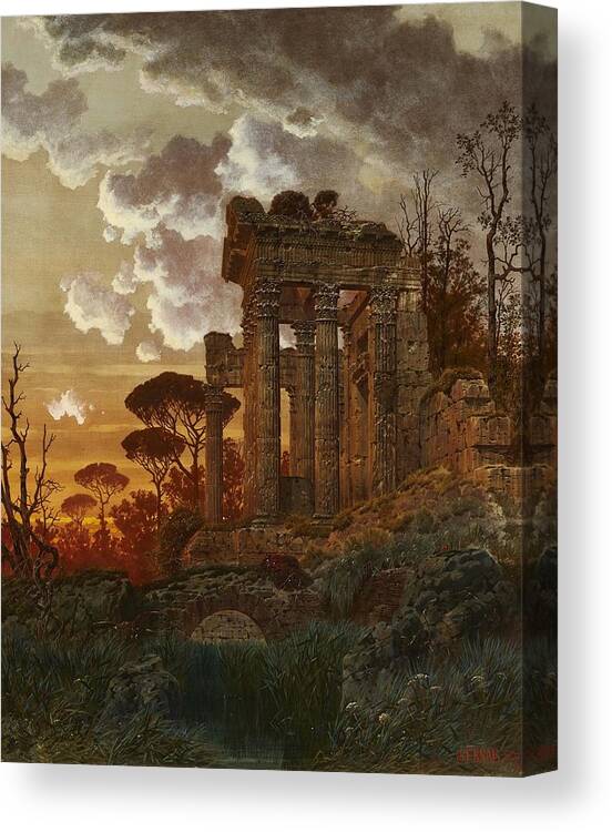  Canvas Print featuring the digital art Evening Landscape with Ancient Temple Ruins by Ferdinand Knab