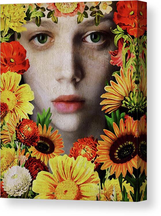 Gerbera Canvas Print featuring the digital art Face Of A Girl Surrounded By Flowers by Jan Keteleer