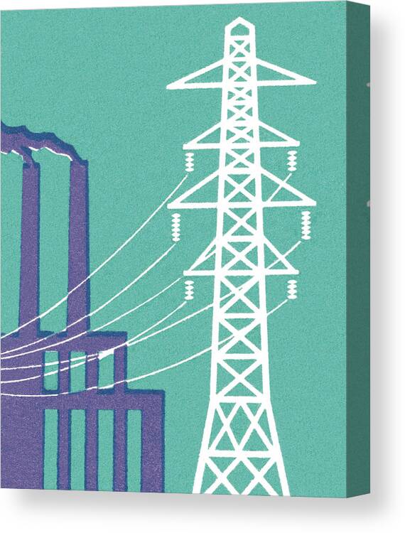 Blue Collar Canvas Print featuring the drawing Factory and Power Lines by CSA Images