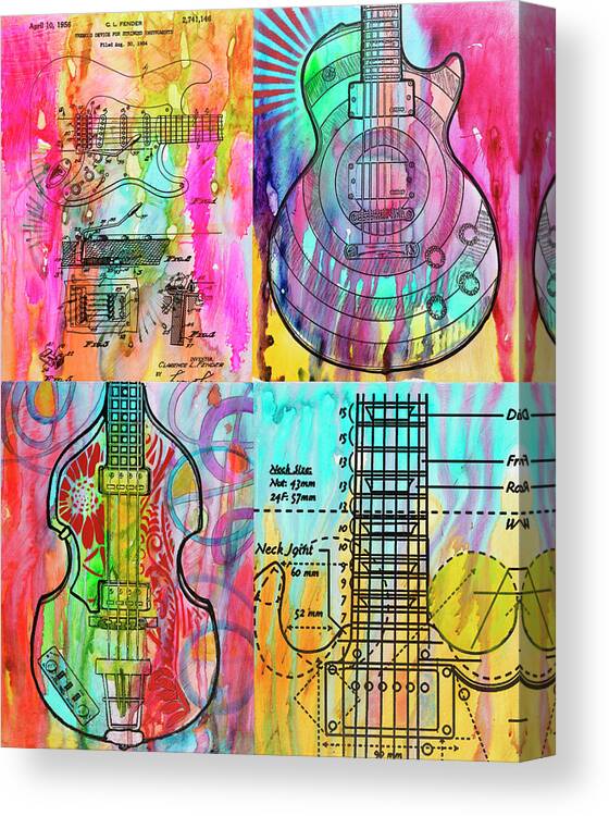 Four Guitars Canvas Print featuring the mixed media Four Guitars by Dean Russo