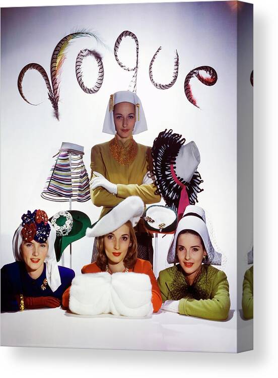 Accessories Canvas Print featuring the photograph Four Models In White Hats by Horst P. Horst