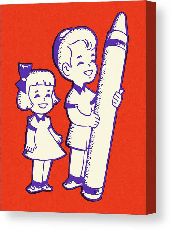 Art Canvas Print featuring the drawing Girl and Boy with a Large Crayon by CSA Images