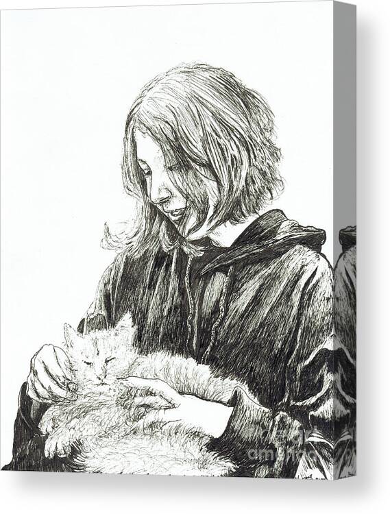 21st Century Canvas Print featuring the painting Girl And Cat, 2022 by Vincent Alexander Booth