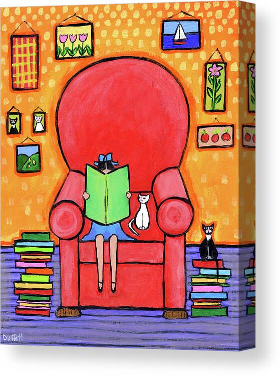 Girl Books Cats Reading Chair Canvas Print featuring the painting Girl Books Cats Reading Chair by Shelagh Duffett