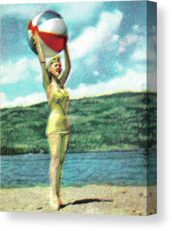 Adult Canvas Print featuring the drawing Girl on beach with beach ball by CSA Images