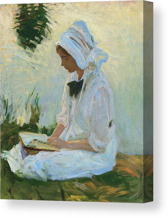  John Singer Sargent Canvas Print featuring the painting Girl reading by a stream by John Singer Sargent