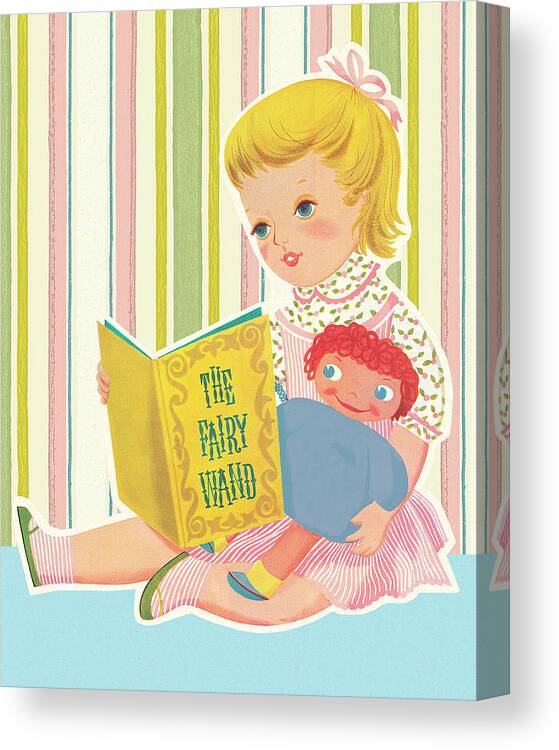 Blond Canvas Print featuring the drawing Girl Reading to Doll by CSA Images