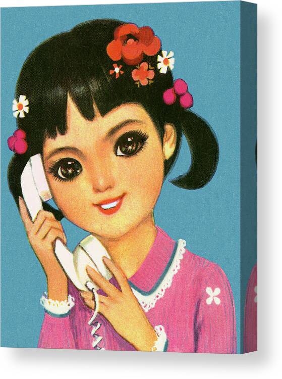 Adolescence Canvas Print featuring the drawing Girl Talking on Telephone by CSA Images