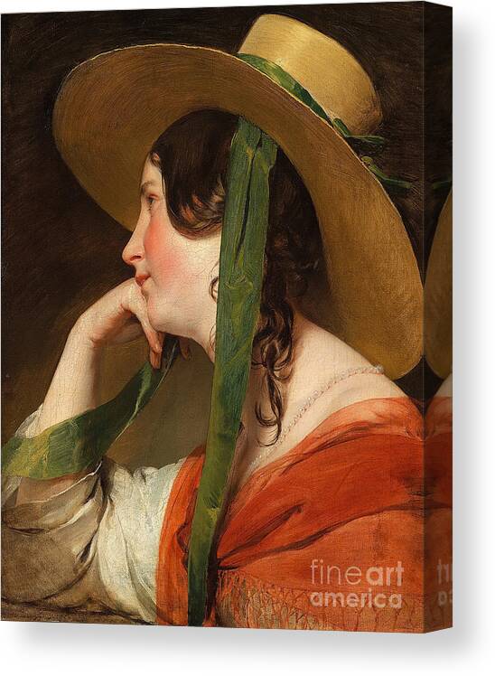 Oil Painting Canvas Print featuring the drawing Girl With Straw Hat. Artist Amerling by Heritage Images