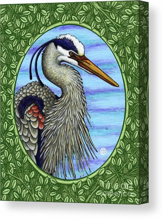 Animal Portrait Canvas Print featuring the painting Great Blue Heron Portrait - Green Border by Amy E Fraser