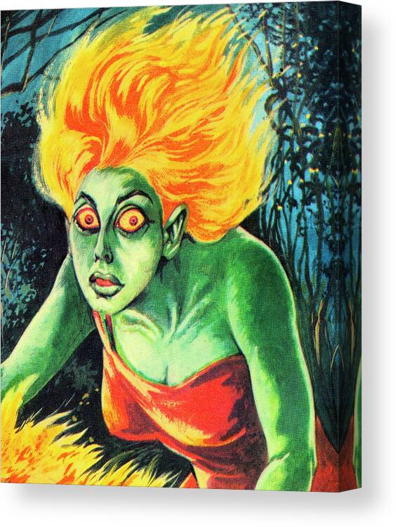 Afraid Canvas Print featuring the drawing Green Woman With Flame Hair by CSA Images