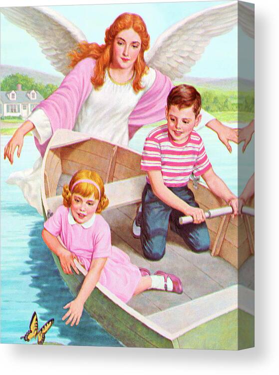 Activity Canvas Print featuring the drawing Guardian Angel Watching Over Boy and Girl by CSA Images