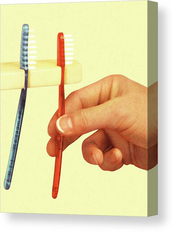 Bathroom Canvas Print featuring the drawing Hand and Two Toothbrushes by CSA Images