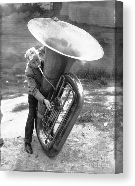 People Canvas Print featuring the photograph Harry S. Hobson Attempting To Blow by Bettmann