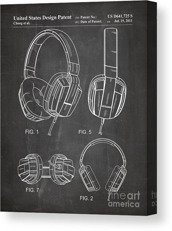 Headphones Canvas Print featuring the digital art Headphones Patent, Head Phones Art - Chalkboard by Patent Press