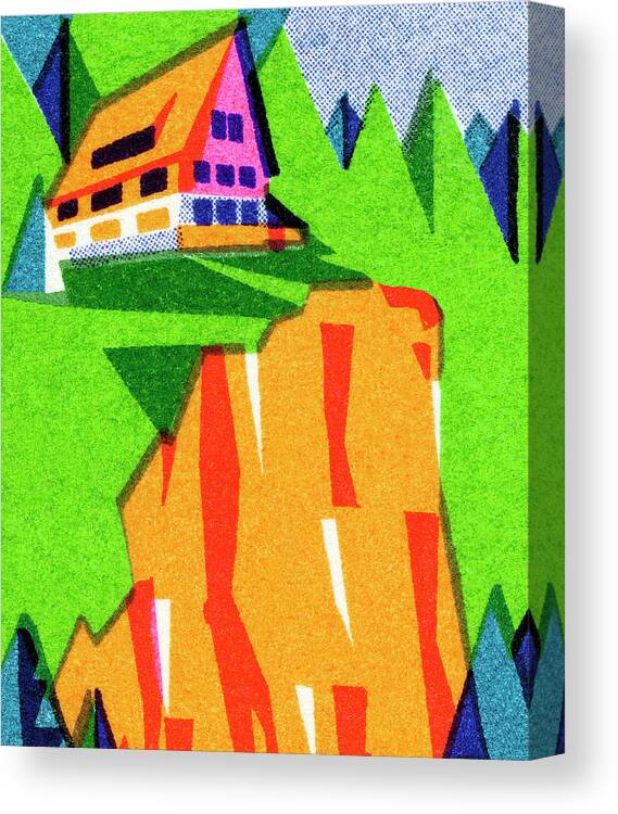 Cabin Canvas Print featuring the drawing House on Top of a Cliff by CSA Images