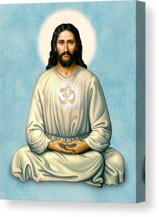 Jesus Canvas Print featuring the painting Jesus Meditating with OM on Blue by Sacred Visions