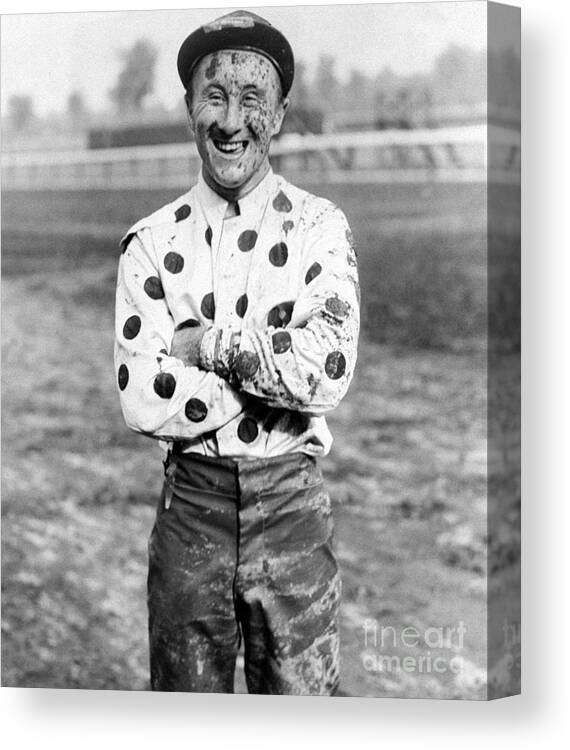 1930-1939 Canvas Print featuring the photograph Jockey Jimmy Stout Is Covered With Mud by New York Daily News Archive